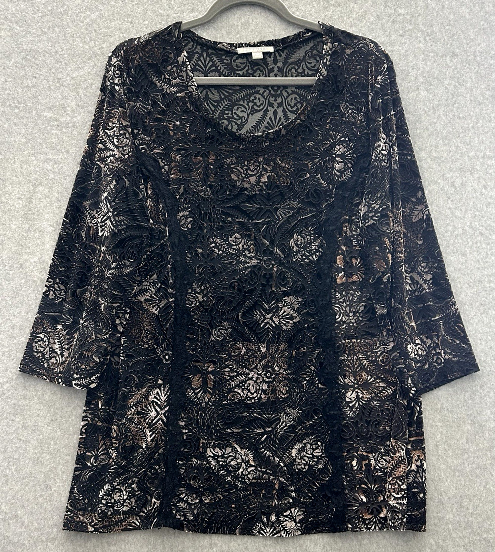Women's Whimsigoth Velvet Burnout Top 2X Black Goth Witchy Cottage Boho Modest